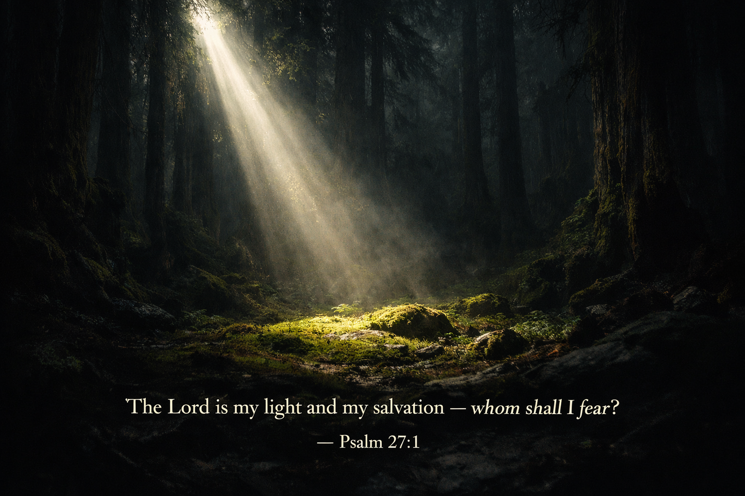 Dark cathedral forest single dramatic shaft of sunlight piercing through canopy illuminating one spot on mossy floor deep shadow -- Psalm 27:1 wallpaper